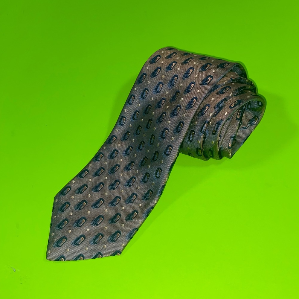 Dino Cosma Italy Mens Silk Tie Taupe Teal Gold Geometric Oval Pattern Necktie